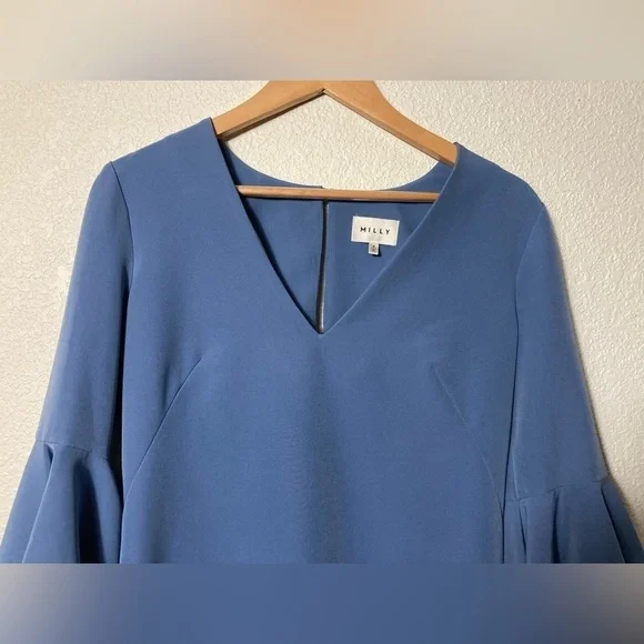 MILLY Nicole shift flared sleeves V neck size 4 dusty blue - Picture 7 of 13